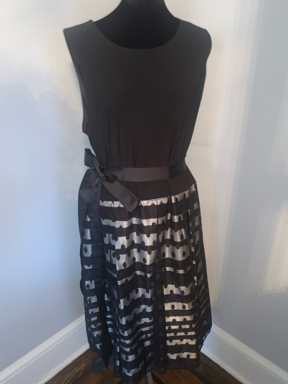 R&K Black and Sliver Striped Overlay Midi Dress
